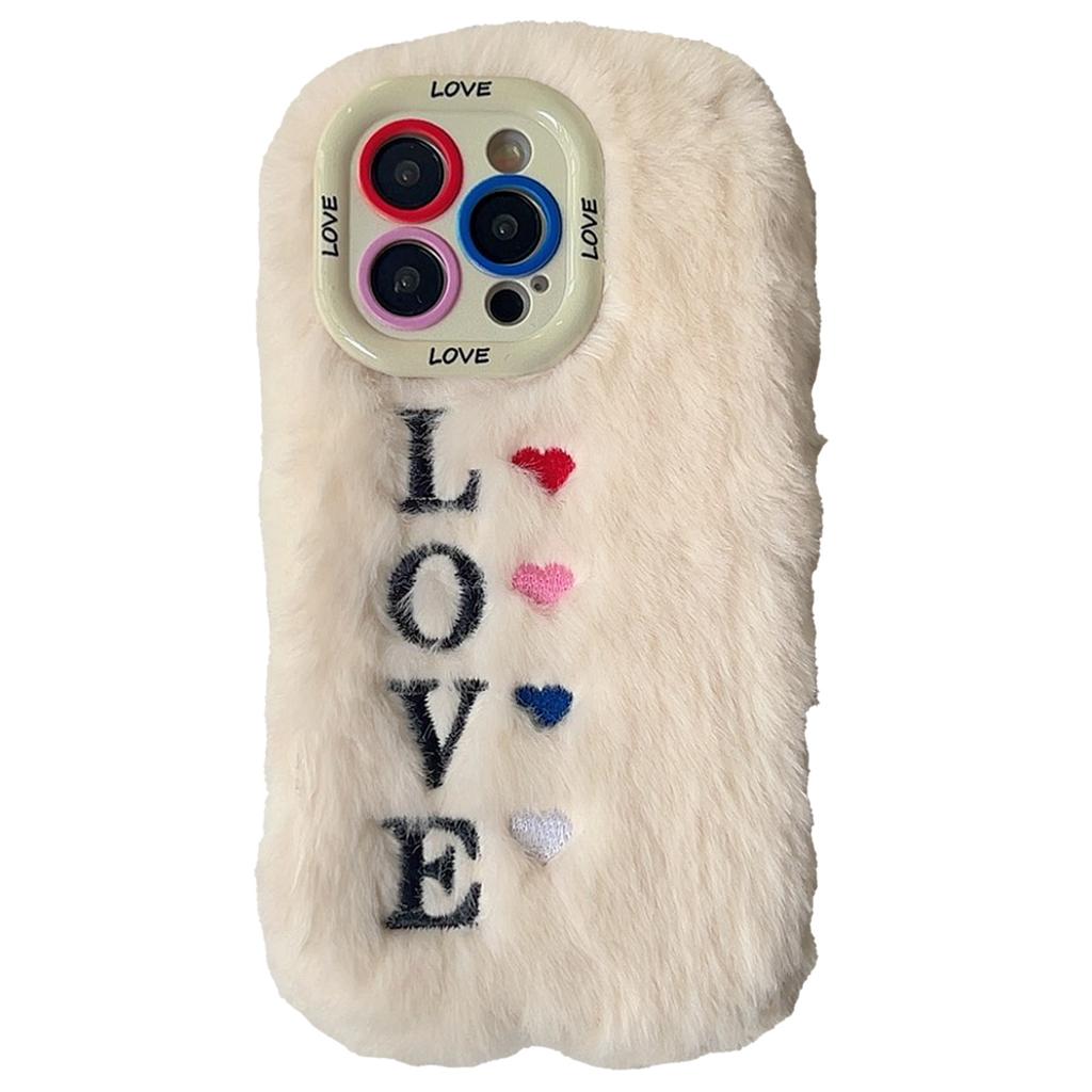 KJS-002 Чехол для iPhone 15 Pro Max с объективом, подставкой, вышивкой LOVE, пушистый ТПУ чехол для телефона