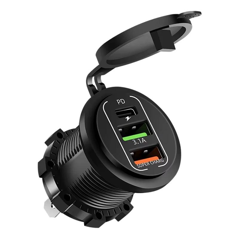 NEW 4 Ports Dual PD Dual QC 3.0 USB Car Charger with Voltmeter Socket Power Outlet Adapter Waterproof for 12V/24V Car Boat