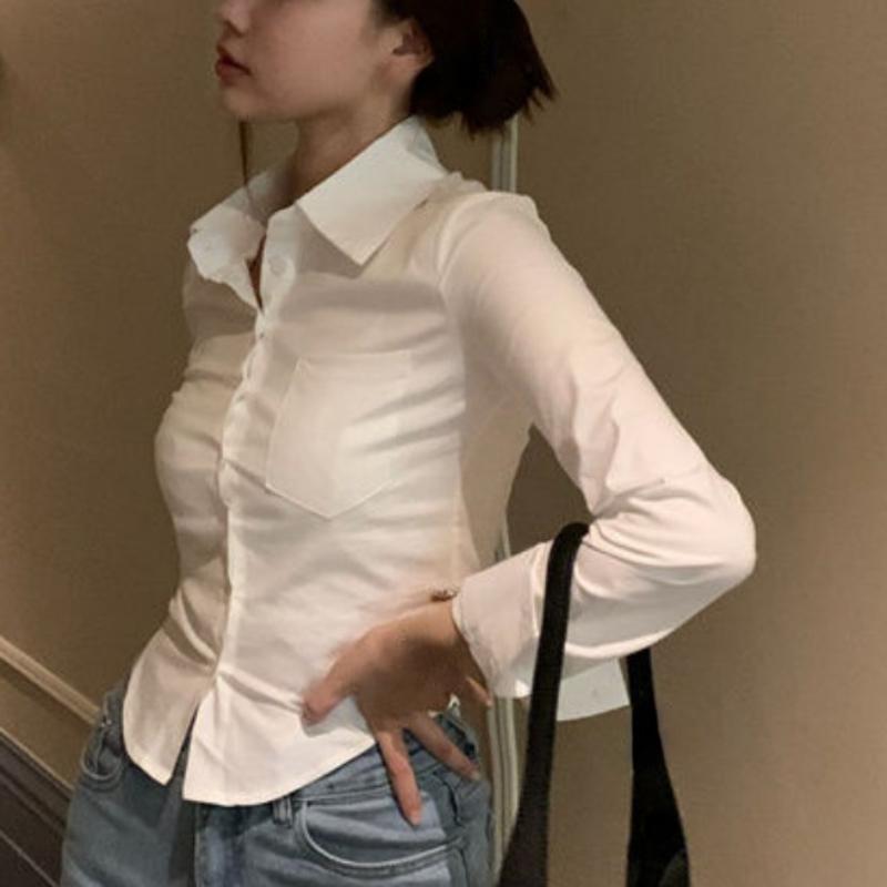 Тонкие рубашки с длинным рукавом, женские однотонные рубашки с короткой талией, пикантные универсальные топы на весну и осень с отложным воротником, женские шикарные Mujer