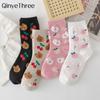 New Chic Girls' Cute Cartoon 3D Hairy Feather Yarn Rabbit Bear Peach Cherry Soft Cotton Casual Socks Preppy Style Dropship