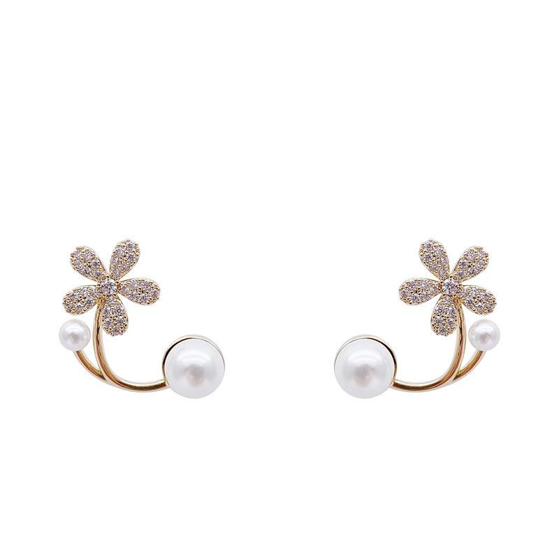 New Korean Light Luxury Imitation Pearl Flower Stud Earrings Ladies Fashion Charms Crystal Jewelry Everyday Party Gift
