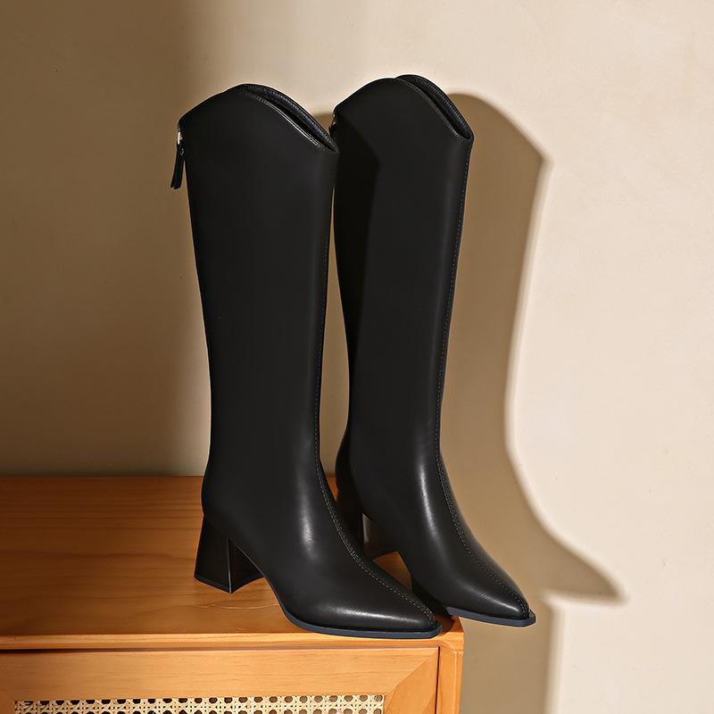 2024 новые эластичные сапоги с острым толстым каблуком и V-образным вырезом женские сапоги с тонкой молнией сзади, но высокие сапоги-рыцари до колена