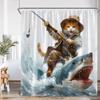 Funny Animals Shower Curtain Cat Riding Shark Corgi Dog Cartoon Children Bathroom Curtain Kids Polyester Bath Decor with Hooks