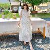 Romantic French Style Summer Dress with Delicate Floral Print Slim Drawstring Clothes for Women