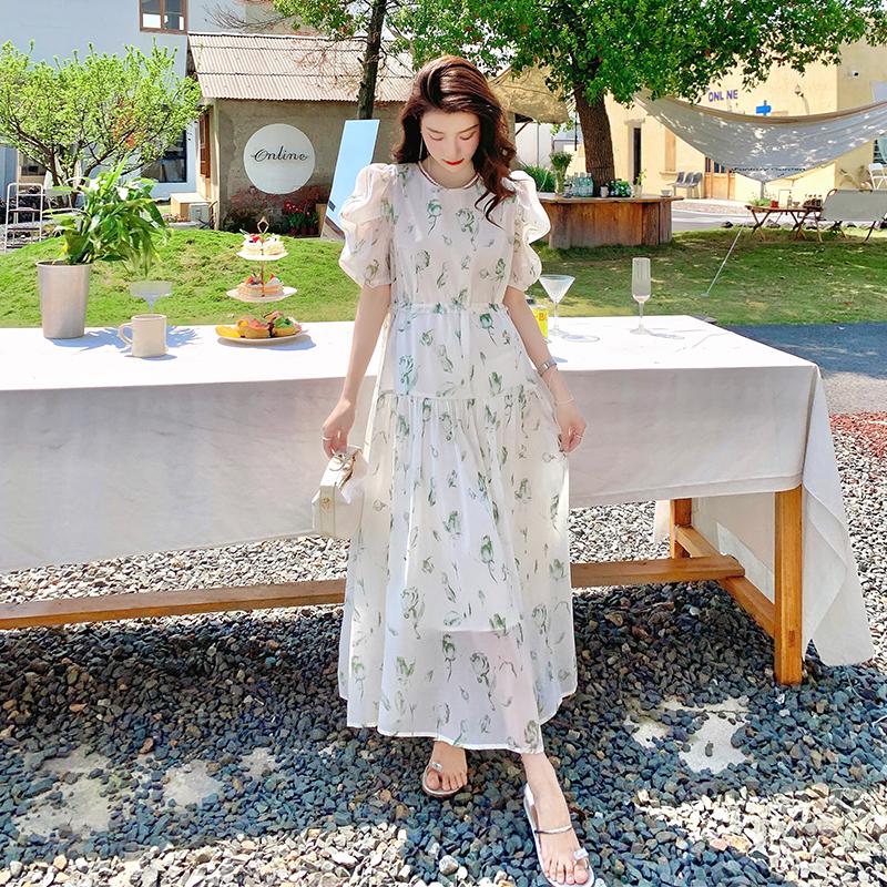 Romantic French Style Summer Dress with Delicate Floral Print Slim Drawstring Clothes for Women