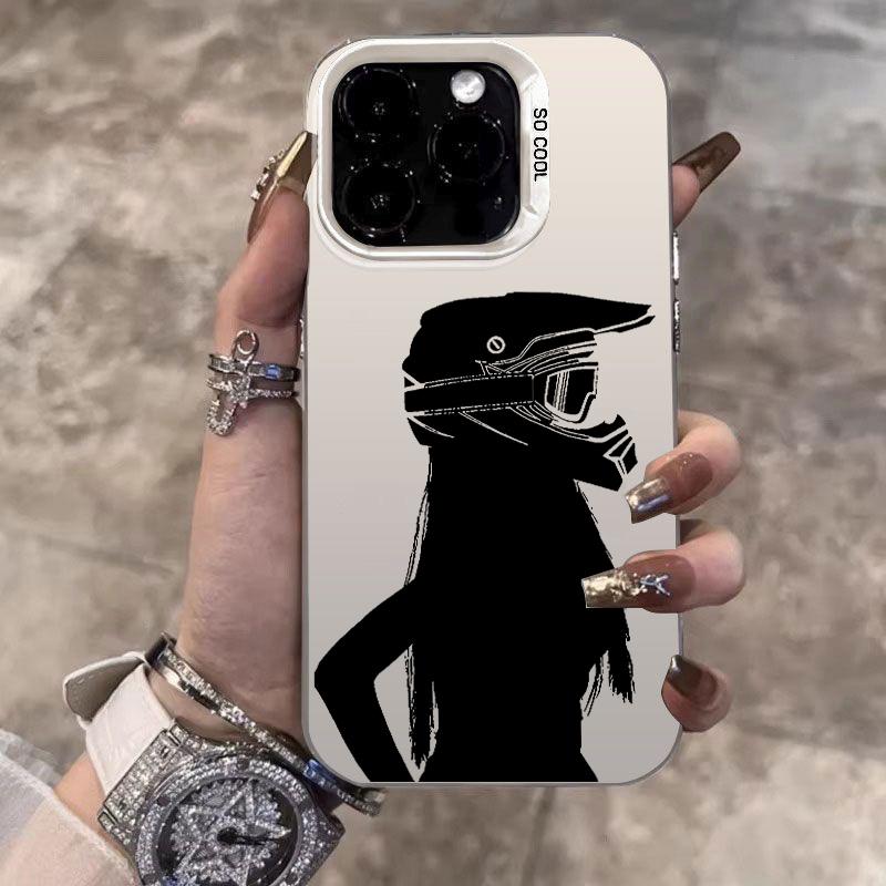 Fashion Motorcycle Helmet Girl Silver IMD Phone Case For IPhone 11 12 13 14 15 16 17 Air Pro Max Plus 16 17 E Shockproof Cover
