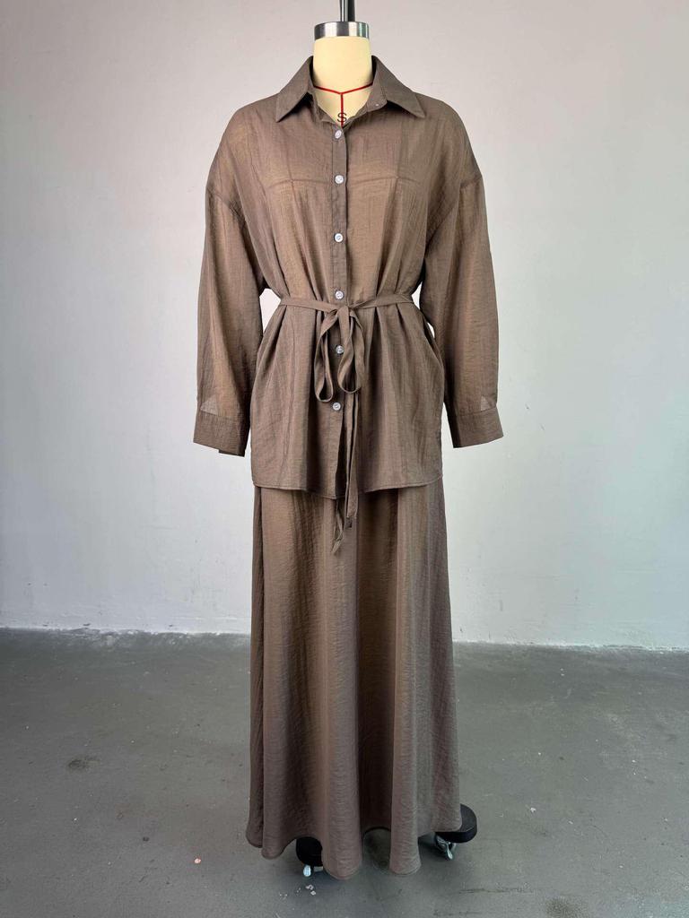 Мода Весна/Лето 2025 для Женщин Европы и Америки: Комплект: свободная рубашка с отложным воротником и длинным рукавом и юбка-миди с высокой талией