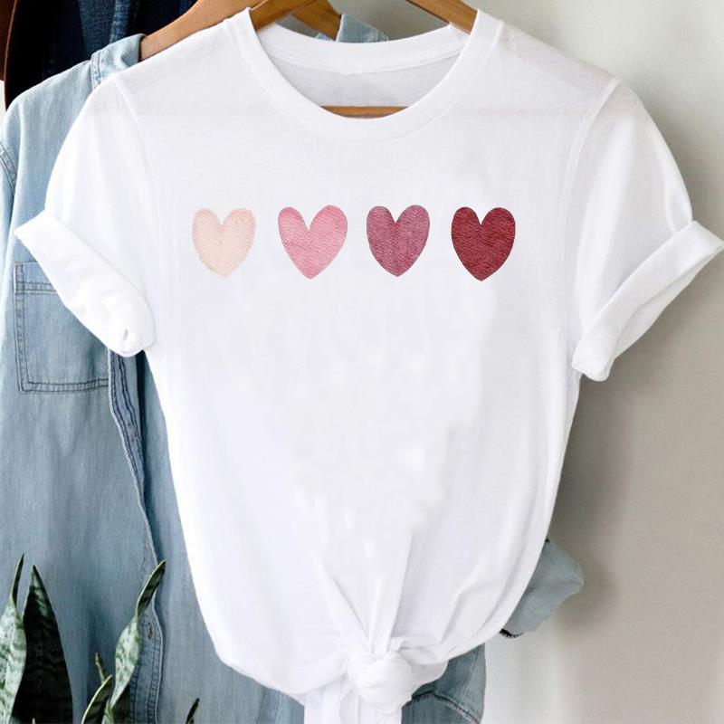 (Азиатский размер) Любовь Сердце Геометрическая Одежда Повседневная Цветочная Женская Футболка Топ Модная Футболка с Коротким Рукавом Принт Женская Графическая Футболка