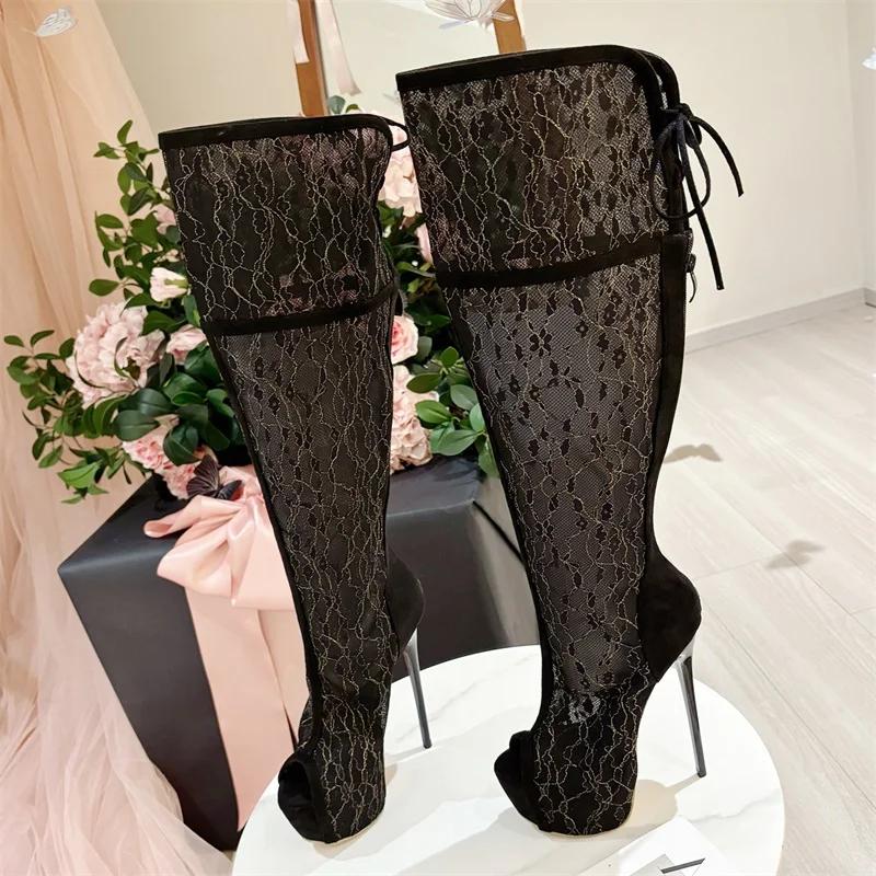 Eilyken Sexy Peep Toe Breathable Mesh Knee-High Boots Women Platform Ladies Shoes Elegant Stiletto Heels Sandals Booties