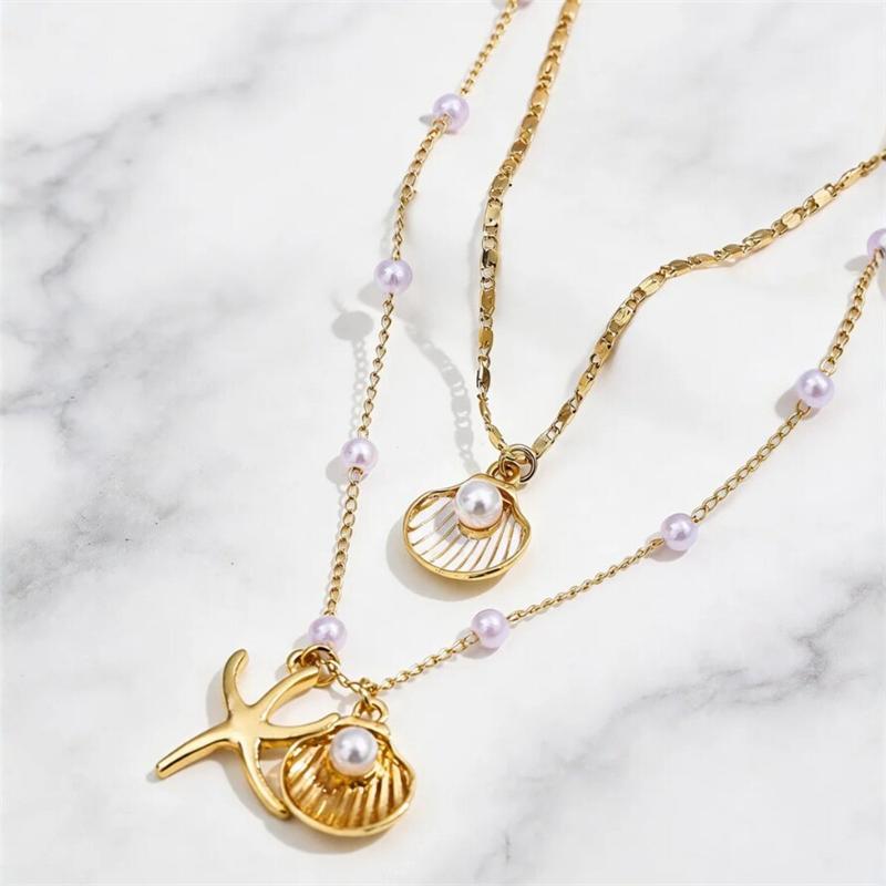 Mermaidcore Ocean Shell Starfish Pendant Necklace for Women Double Layer Imitation Pearl Necklace Summer Vacation Beach Jewelry