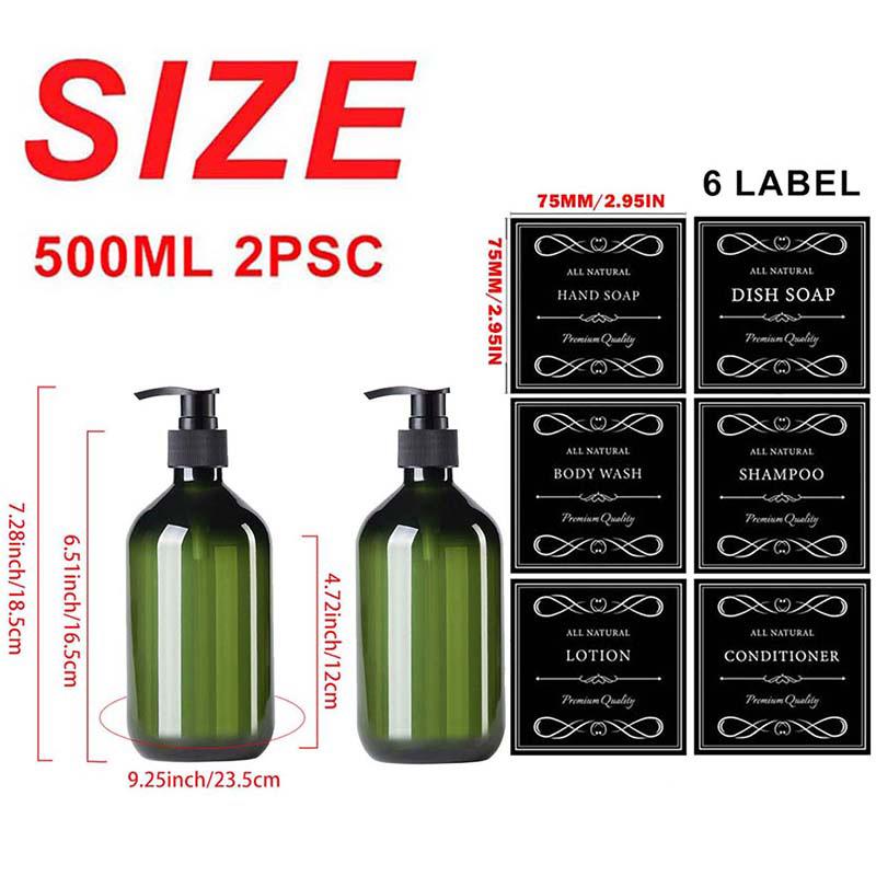 500 мл 2 упаковки ПЭТ-бутылки с дозатором-насосом Бутылка-дозатор для мыла Шампунь-лосьон Бутылка-насос для душа Контейнер для жидкости с 6 водонепроницаемыми этикетками