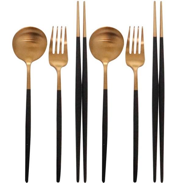 Menard Stella Cutlery Set for 2, Gold Black, 2p Spoons + 2p Chopsticks + 2p Forks, Korean Popular Tableware