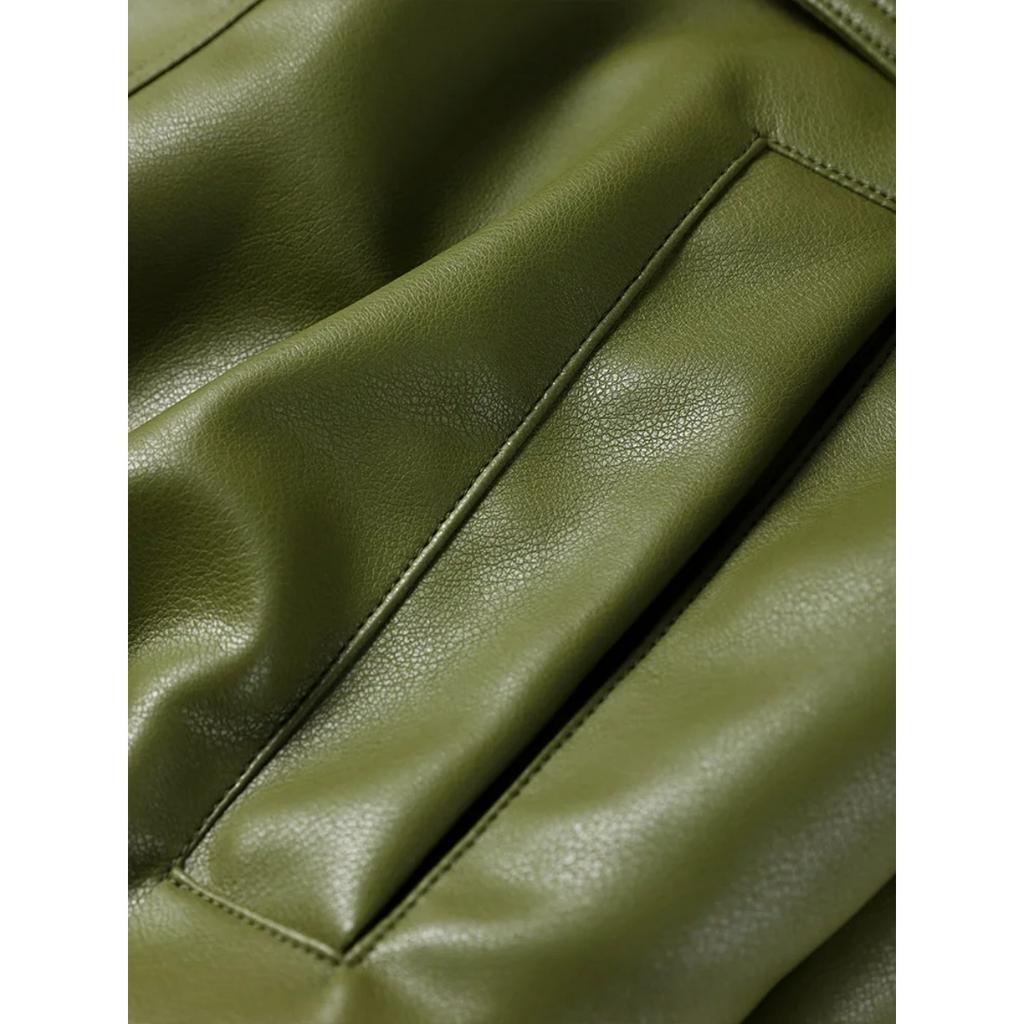 Оливково-зеленая кожаная куртка, пальто, силуэт, винтажный, уличный тренд, молния, лацкан, короткое пальто, свободный повседневный топ, верхняя одежда, осень