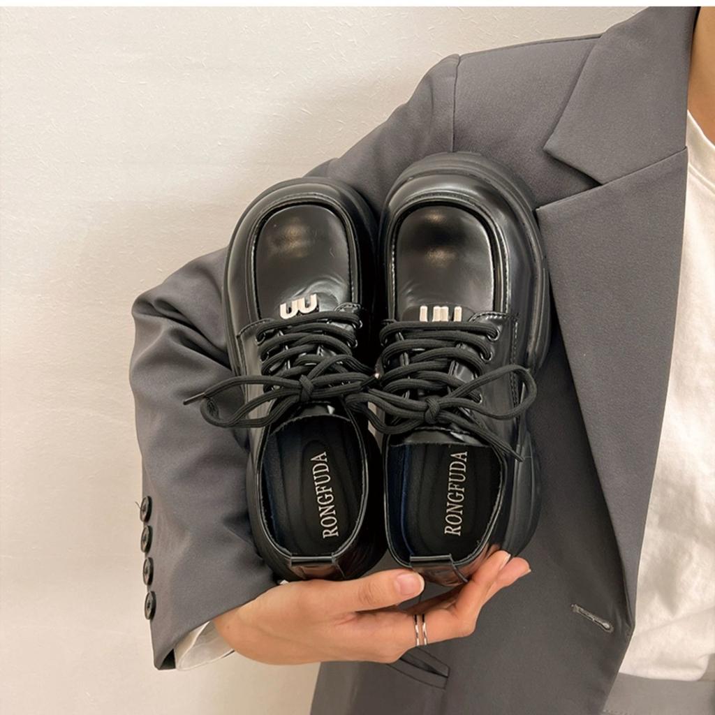 Popular Black Lace-up Platform Muffin Leather Shoes 2025 Spring and Autumn New Versatile Retro British Style Heightening Single Shoes