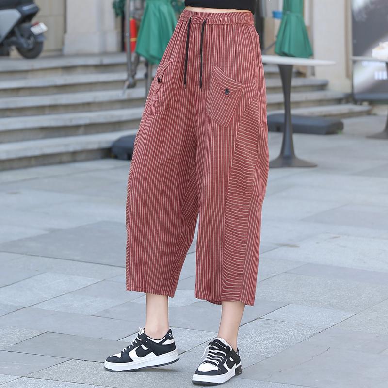 Повседневные летние полосатые брюки женские винтажные одежды больших размеров элегантные женские брюки с эластичной резинкой на талии
