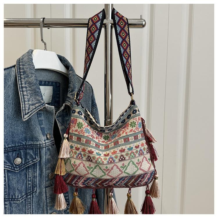 Стильная этническая плетеная сумка с кисточками и клеткой Женская сумка через плечо Сумка кросс-боди Повседневная женская сумка