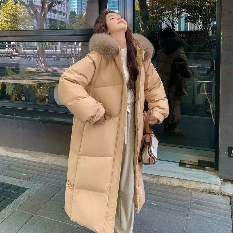 Stylish Thickened Loose Fit Down Jacket with Big Fur Collar for Women In Mid-length