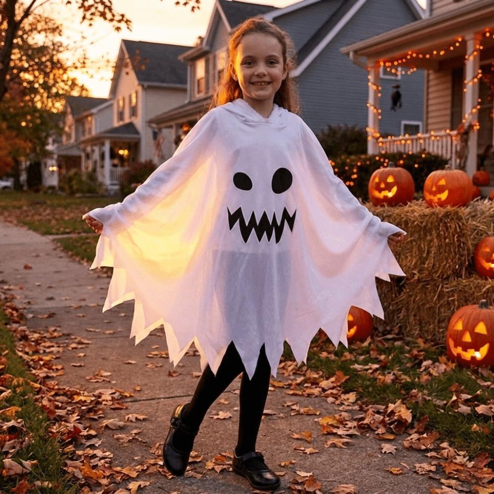 Glow In The Dark Kids Hooded Cape Drop Shoulder Halloween Cosplay Costume Trick Or Treat