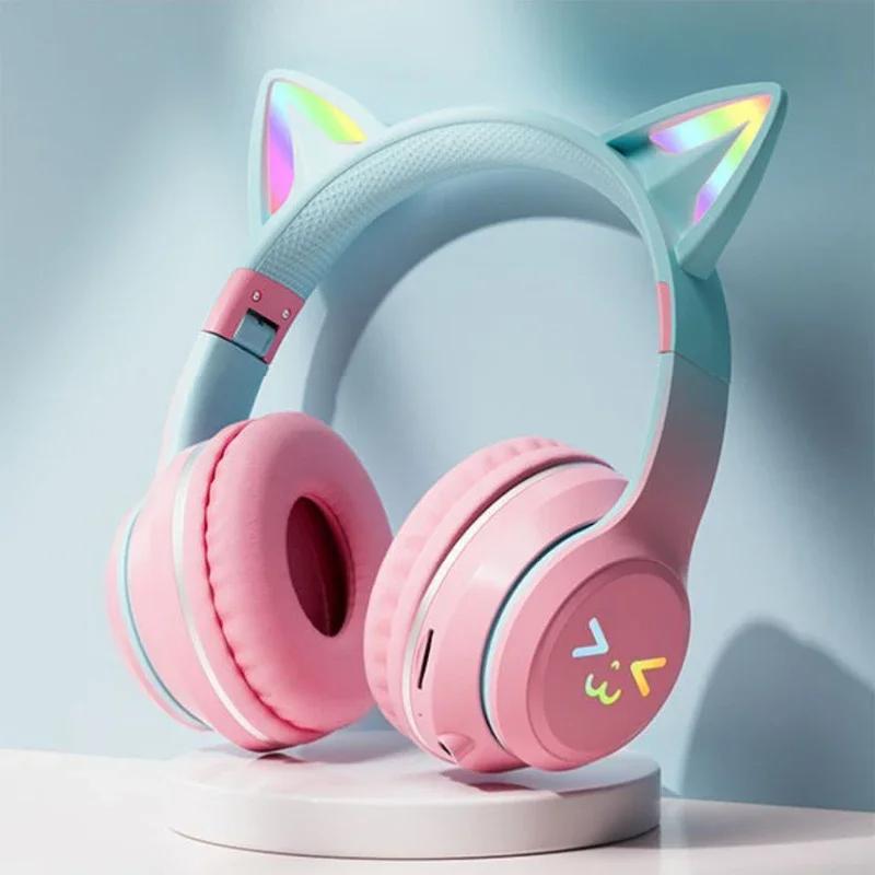 2024 Новые беспроводные наушники RGB Cute Cat Girls Детская подарочная гарнитура с микрофоном Стерео музыкальные игровые гарнитуры Контрольная подсветка наушников