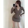 French-style sexy V-neck long-sleeve dress for women, new winter slim pleated inner layer, bodycon skirt