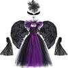 Maleficent Neck Dress Girls Halloween Theme Cosplay Costume Handmade Woven Tulle Dress Evil Role Playing Outfits Luxury Gown
