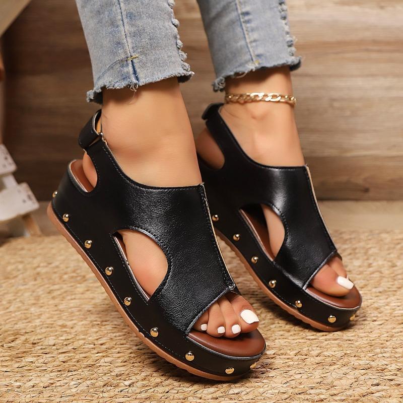 Summer New Muffin Thick-soled Wedge Sandals Women's Velcro Large-size Rivets Flat-bottomed Fish Mouth Sandals
