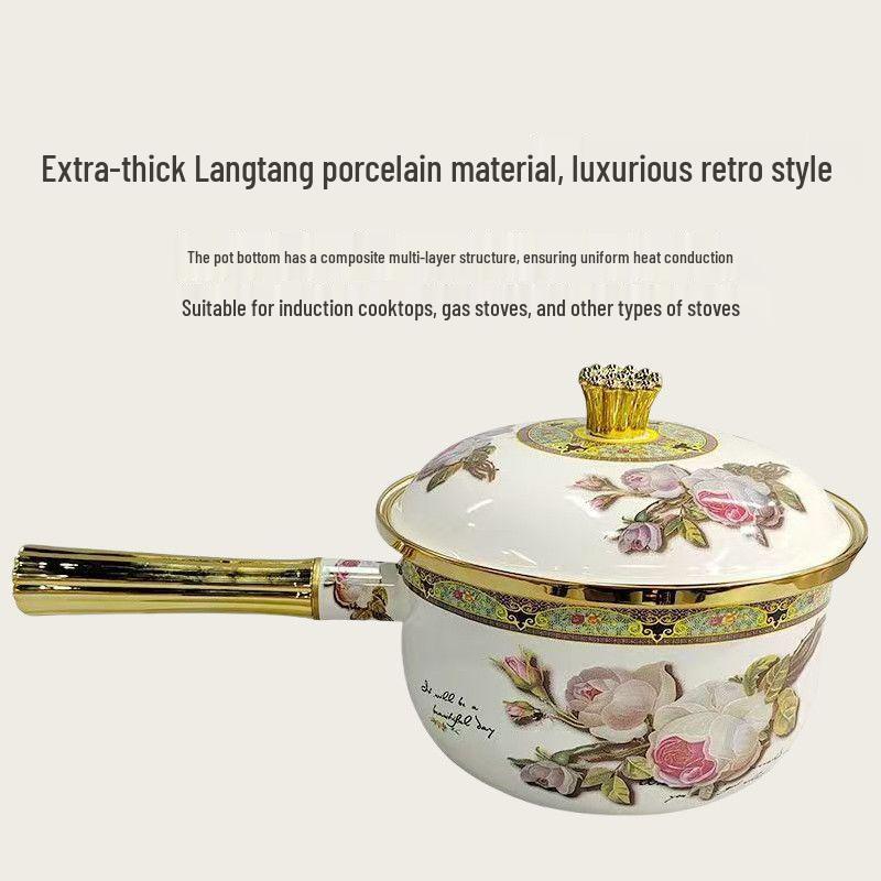 Универсальный эмалированный фарфоровый ковш с одной ручкой для молока, супа, лапши и детского питания - Совместим с индукционными/газовыми плитами