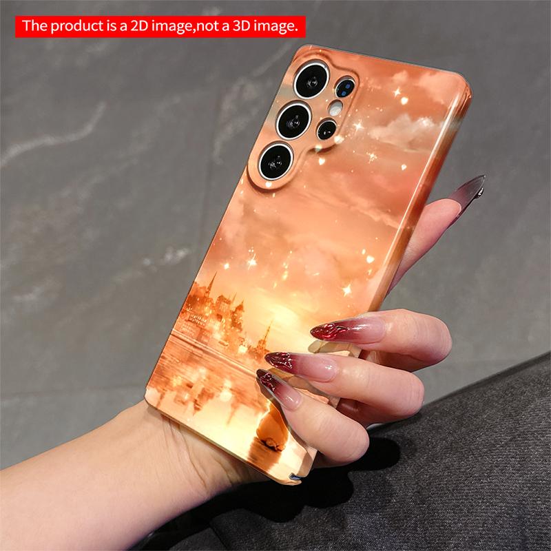 2DFlat Samsung phone case Golden Sunset Cityscape with Fluffy Cat Reflection Applicable to Galaxy S23 S24 S25ULTRA S26 A12 A14 A15 A16 A54 A55
