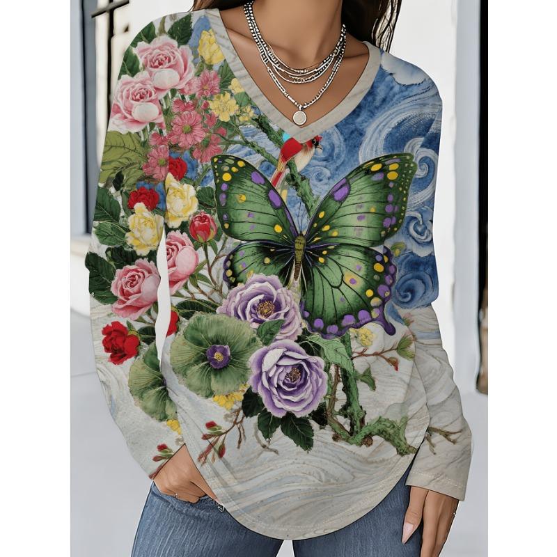 Women's retro floral butterfly print V-neck long-sleeved top is loose and covers the flesh and looks slimming