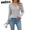 Autumn Solid Color Pit Strip Trimmed Casual V-neck Lace Long Sleeve Base