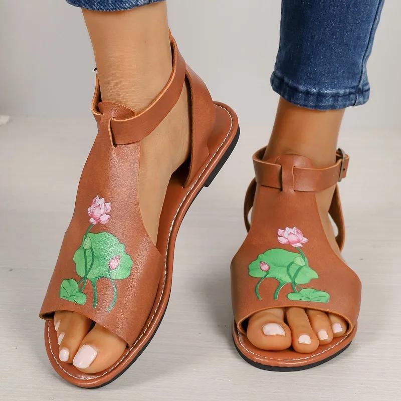 2024 New Hot Selling Versatile Solid Color Printed Open Toe Women's Slippers Buckle Decorated Summer Women's Shoes Zapatos