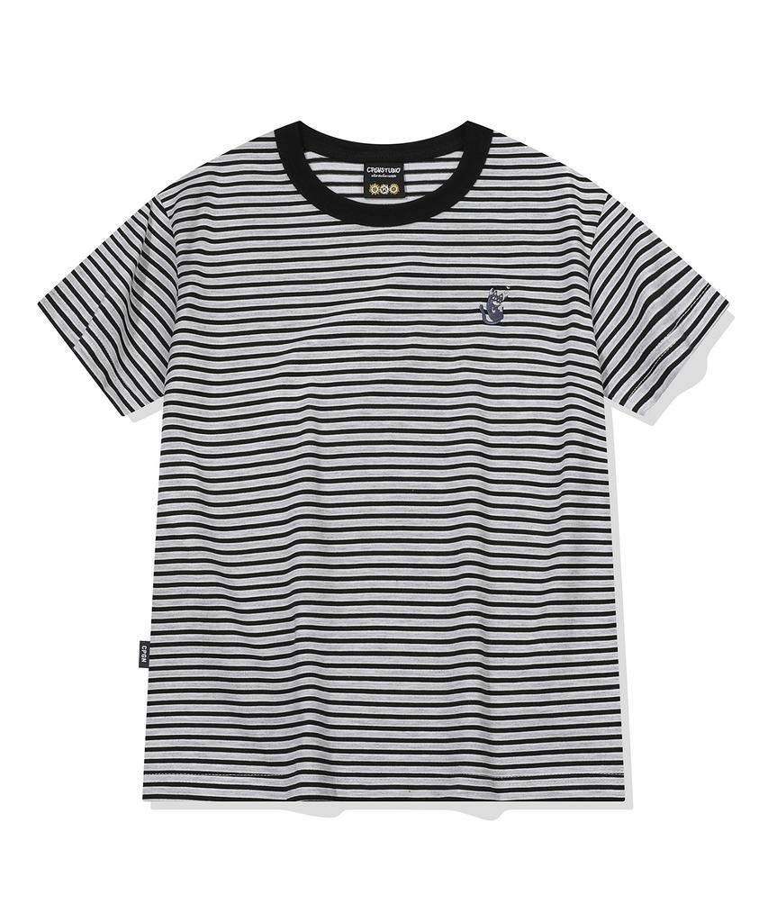 CPGN STUDIO Falling Cat Striped Crop Short Sleeve Tee Black