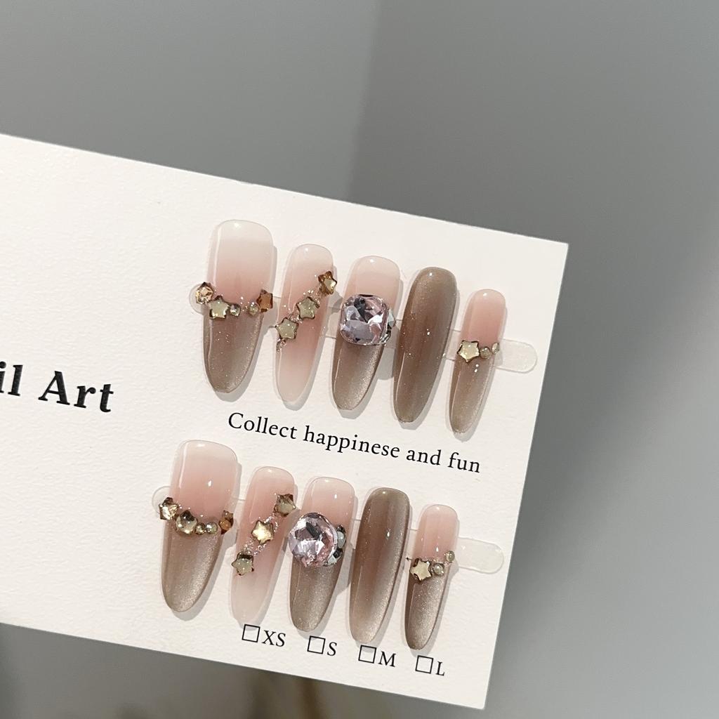 Women Long Press‑On Nails Pure‑Handmade Brown Cat‑Eye Light Luxury Pile Rhinestone False Nail Patches
