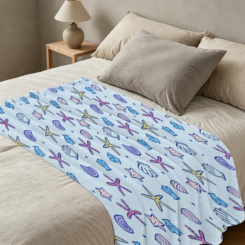 Plush Flannel Fleece Blanket, Ocean Theme with Starfish & Seashell Design, Soft Warm No Shedding, Cozy Single Bedroom Throw for Halloween & Christmas.