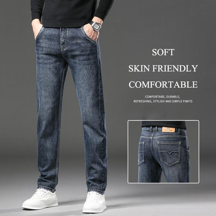 Весна и осень зима мужские плюшевые/тонкие джинсы высокого класса модные деловые свободные эластичные прямые трубчатые универсальные повседневные брюки
