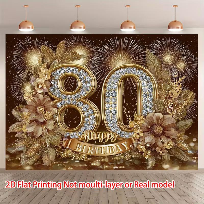 2D С Днем Рождения 80 лет Золотой Цветочный Фейерверк Ткань для Фона 80-летие Украшение для Вечеринки