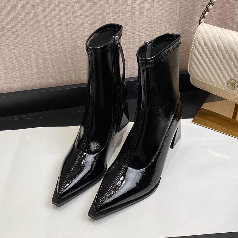 Fashion Women's Fashion Chunky Single Boots Fall New Pointy Side Zipper Anti-slip Wear-resistant Short Boots