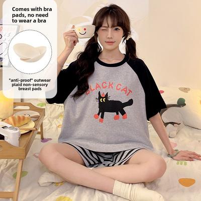 Летний милый мультяшный пижамный комплект для женщин корейский короткий рукав футболка + шорты пижамы женские повседневные свободные тонкие пижамы домашняя одежда