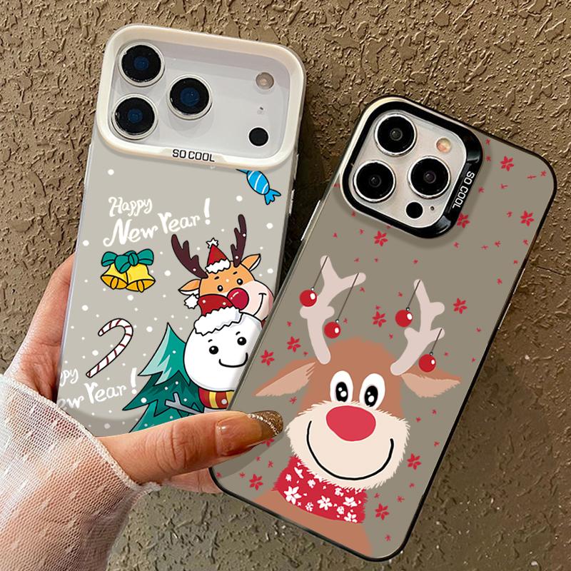 Plush Reindeer and Christmas Snowman Design IMD Hard Case For iPhone 17 Pro Max Air 16 15 14 13 Shockproof Cover