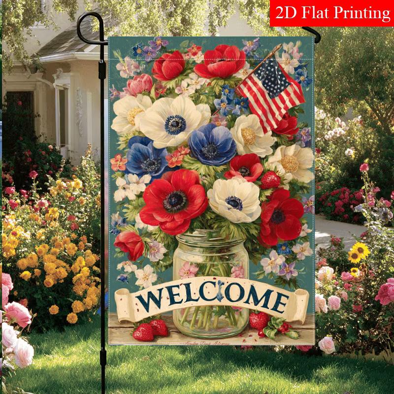 2D Flat - 2D Flat - 2D Flat 1pc Welcome to July 4Th Flower Patriotic Mason Jar Flower Garden Flag_3 (2)- Garden Decoration Double S, Home Decoration,