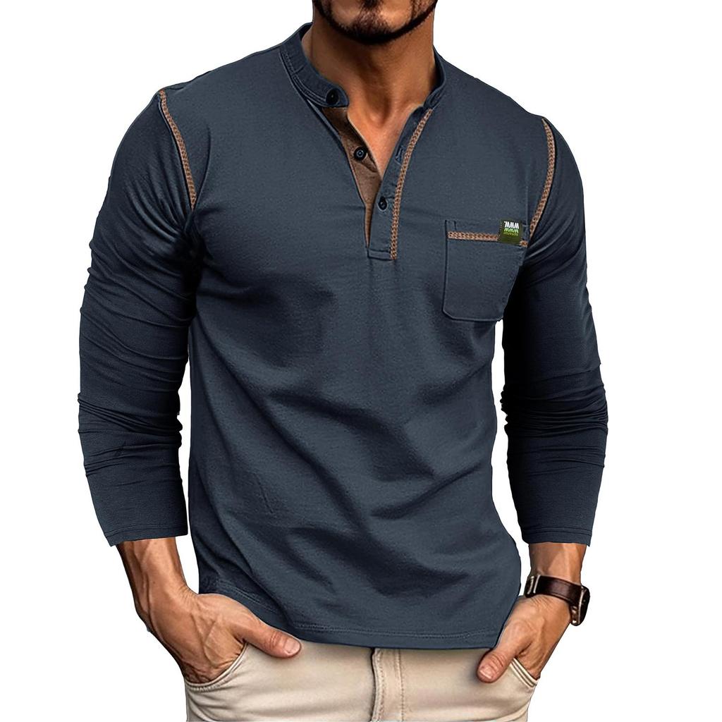 Мужские рубашки на пуговицах с длинными рукавами Хлопковые пуловеры Трикотажные футболки соответствующего цвета Пуговицы Круглый вырез Топы с нагрудными карманами Стильная повседневная мужская одежда
