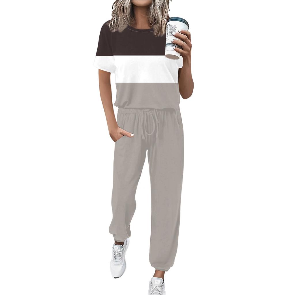 Женский спортивный костюм с круглым вырезом и коротким рукавом, свободные брюки