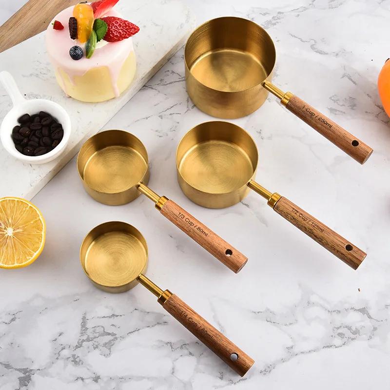 8Pcs Set Stainless Steel Measuring Cups Spoons with Wooden Handle Multifunctional Portable Measuring Tools Kitchen Accessories