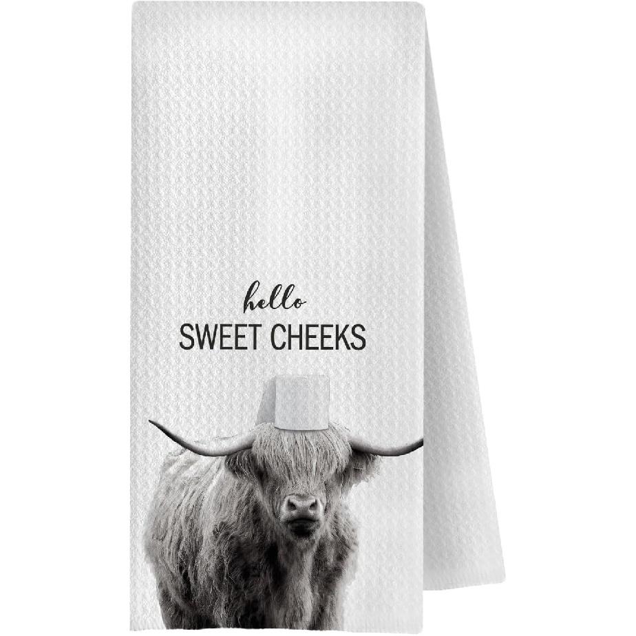 Highland Cow Bathroom Kitchen Towels - Hello Sweet Cheeks Western Bathroom Kitchen Decor,Farmhouse Western Cow Decorative Hand Towels 16x24, Funny