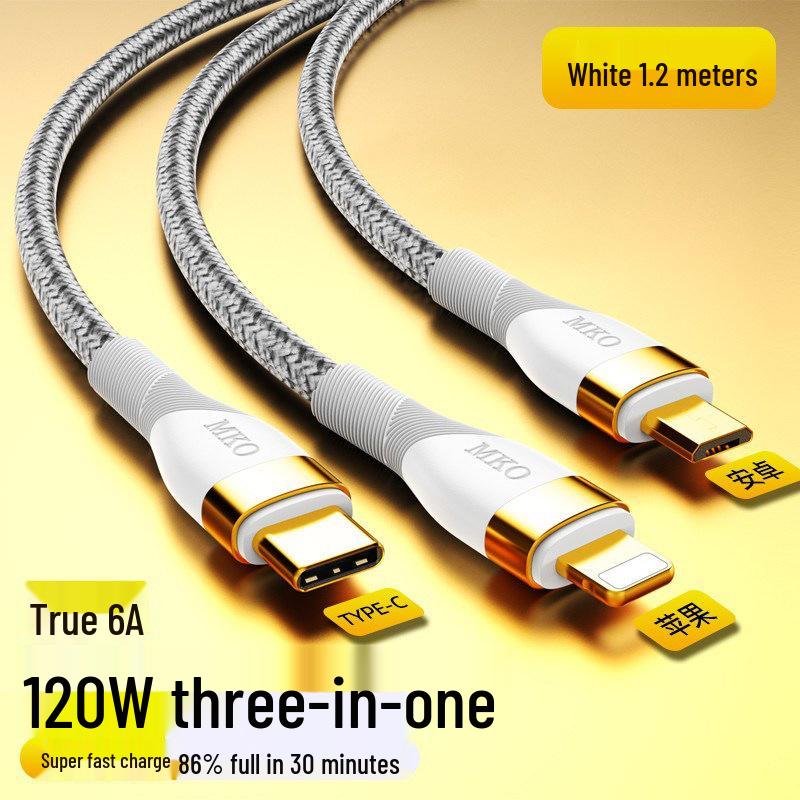 66W 3-in-1 Data Cable: Fast Charging 120W 6A for Apple, Huawei, and More