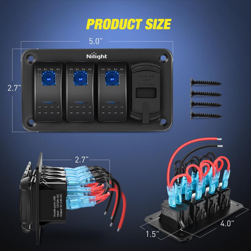 Nilight 3 Gang Rocker Switch Panel with 4.8 Amp Dual USB Charger Voltmeter Waterproof 12V 24V DC Rocker Switch with Night Glow Stickers for Cars