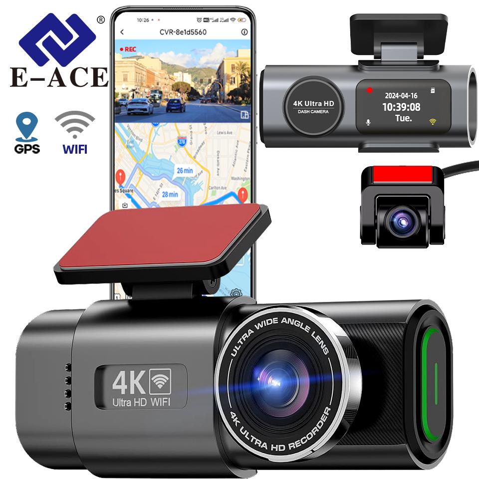 E-ACE Мини-видеорегистратор 4K, GPS, Wi-Fi, 24 часа, двойной объектив для парковки, камера заднего вида 1080P, черный ящик ночного видения для автомобиля