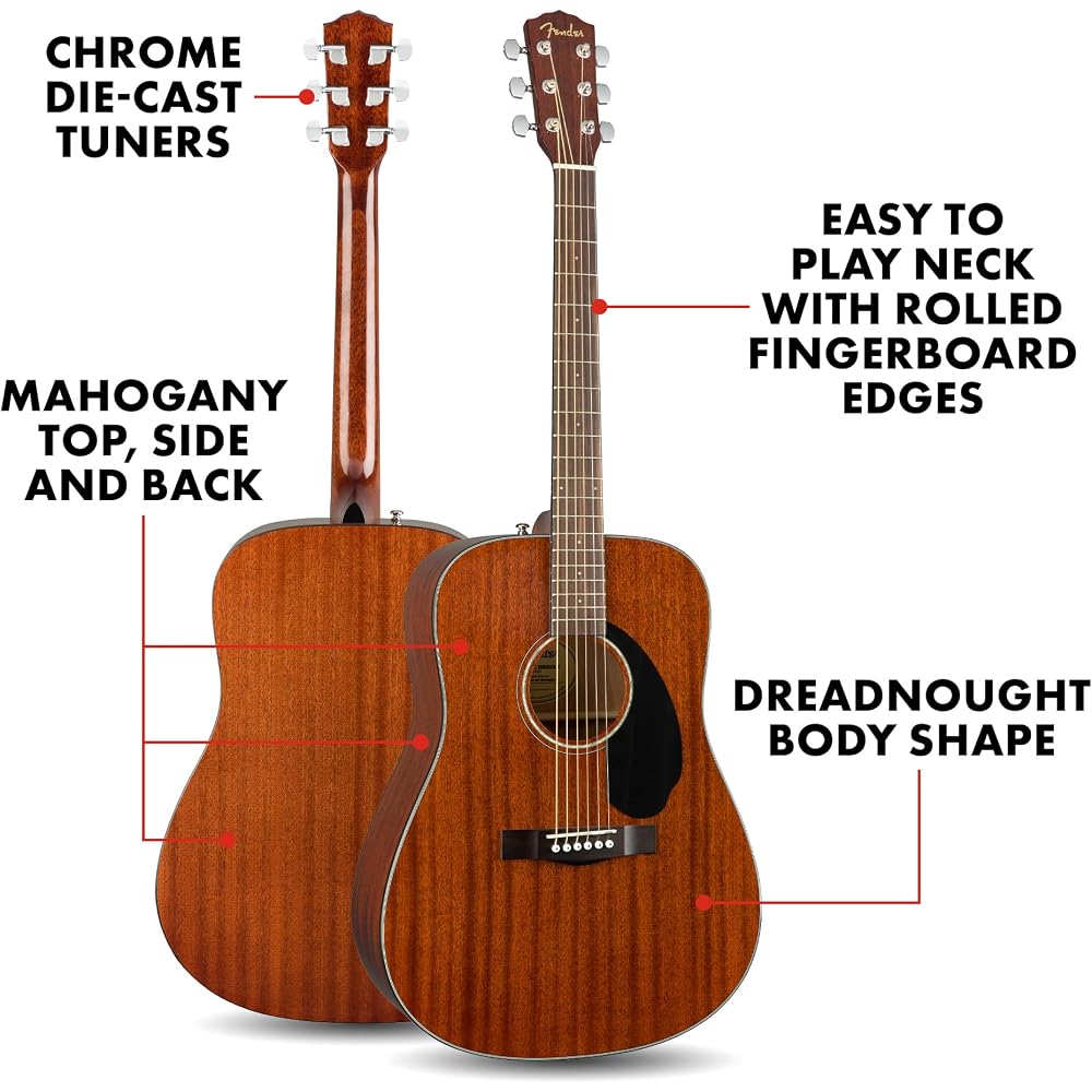 Fender Акустическая гитара CD-60S Полностью Махагоновая, Натуральная, Дредноут из Махагони с Мягким Чехлом