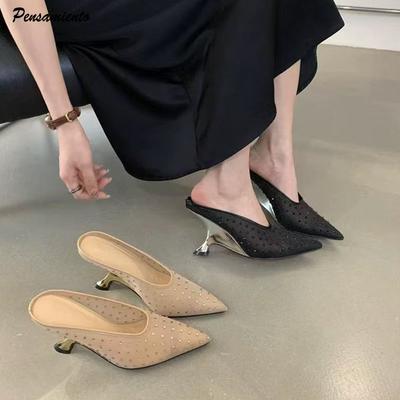 Мода Мода Кристалл Блестки Сетчатый верх Женские Туфли-лодочки Шлепанцы Острый носок Танкетка Высокий каблук Мюли Весна Осень Слингбэки Вечерняя обувь