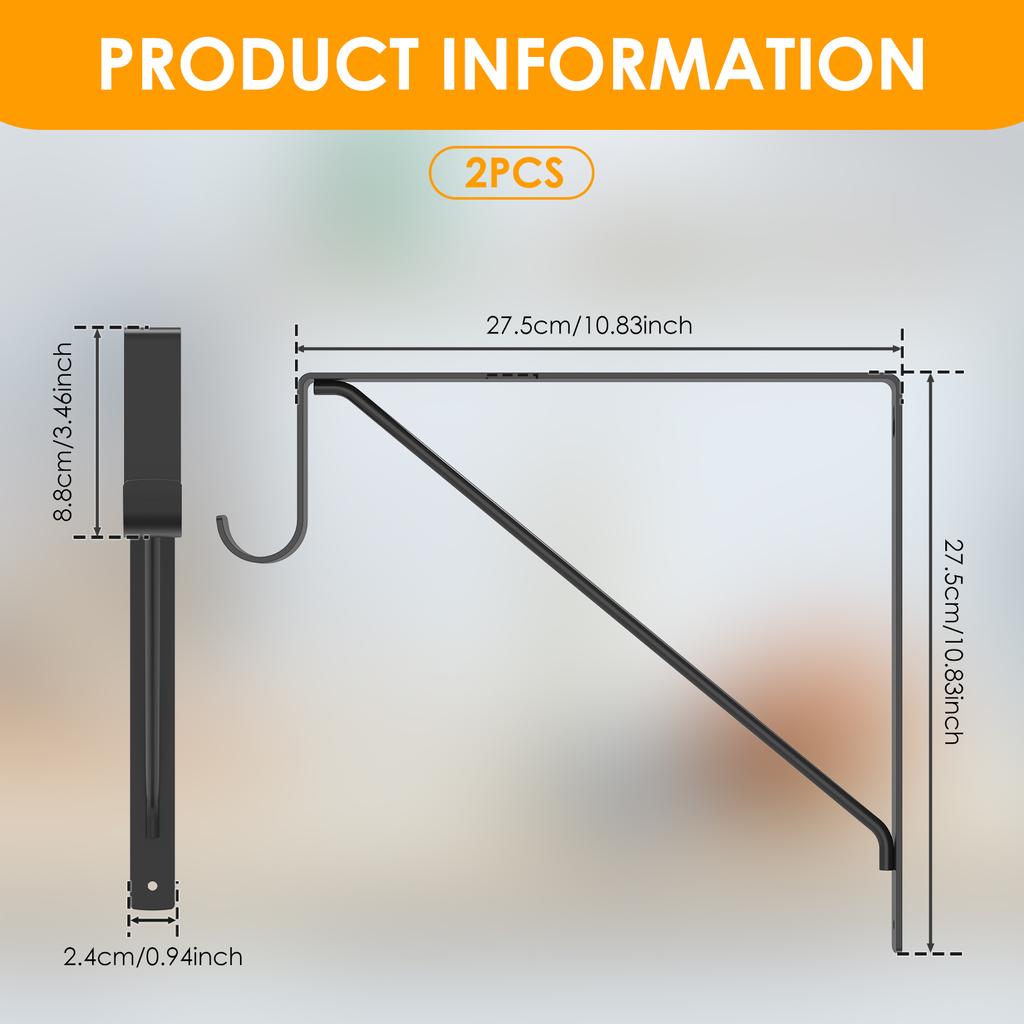 2/4Pcs Heavy Duty Shelf Bracket with Hook L-Shape Right Angle Tripod Iron Support Stand Wall Mounted Hanging Bracket
